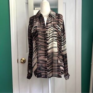 Chico's Silk Sheer Zebra Print Button Down Blouse Medium
